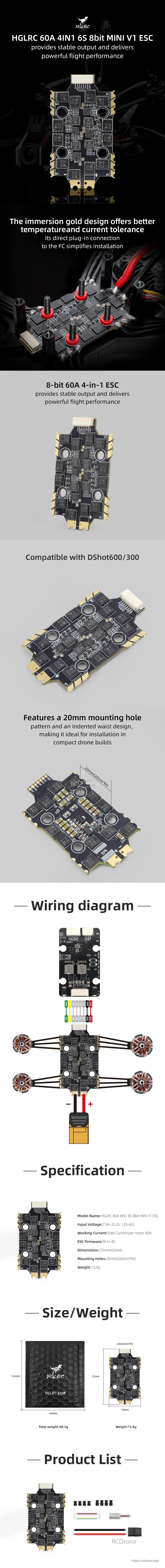 HGLRC H743 8S MINI V1 FC and ESC board layout with connector callouts, wiring diagram, and specs