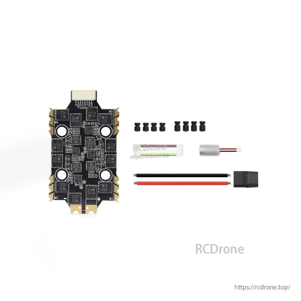 ESC kit contents: 4-in-1 ESC board, mounting gummies, capacitor, power leads and XT connector