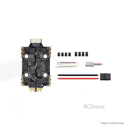 ESC kit contents: 4-in-1 ESC board, mounting gummies, capacitor, power leads and XT connector