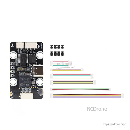 Package contents: HGLRC H743 mini flight controller, mounting gummies and multiple wiring harnesses