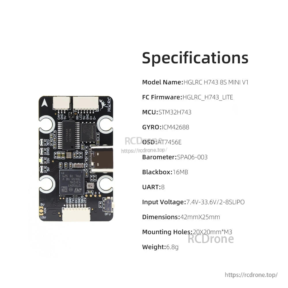 Specifications chart for HGLRC H743 8S MINI V1 FC with MCU, gyro, voltage range, size and weight