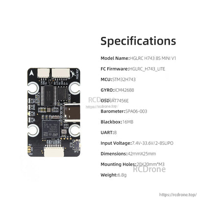Specifications chart for HGLRC H743 8S MINI V1 FC with MCU, gyro, voltage range, size and weight