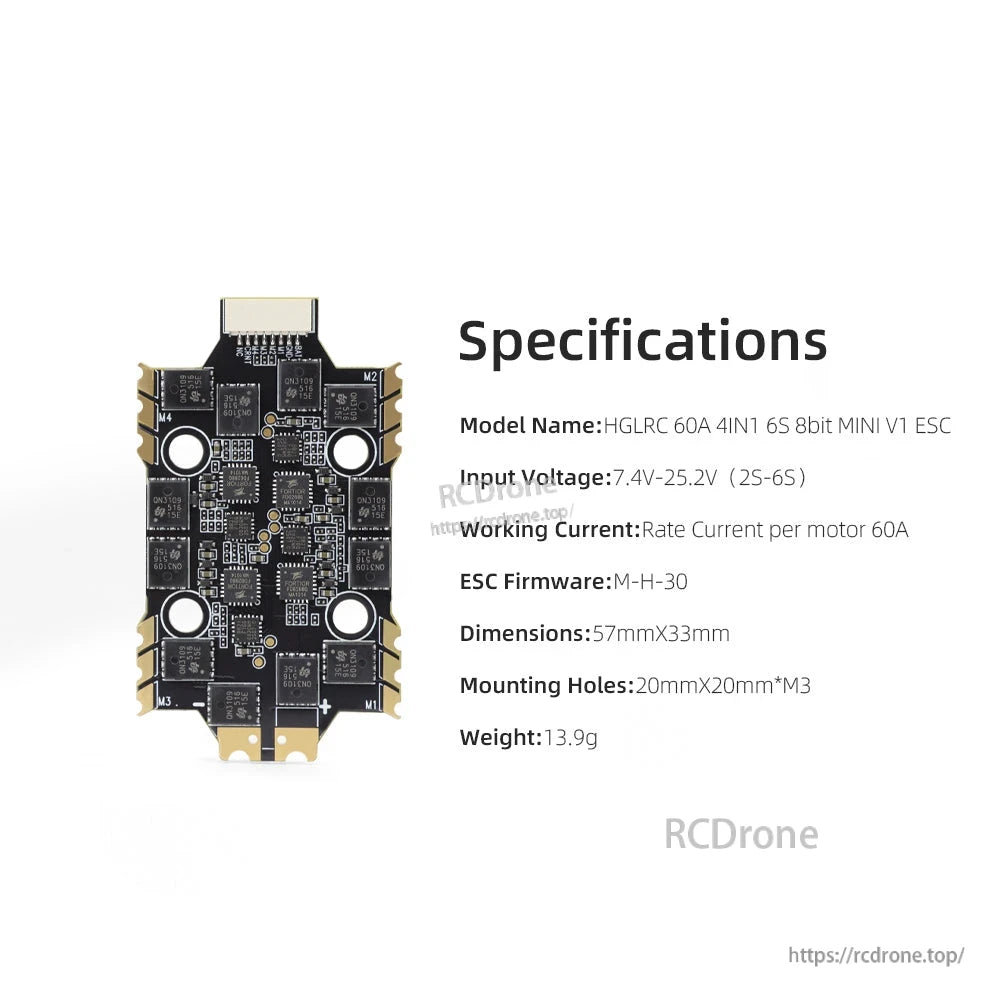 Specifications chart for HGLRC 60A 4IN1 6S 8bit MINI V1 ESC with voltage range, firmware, size and weight