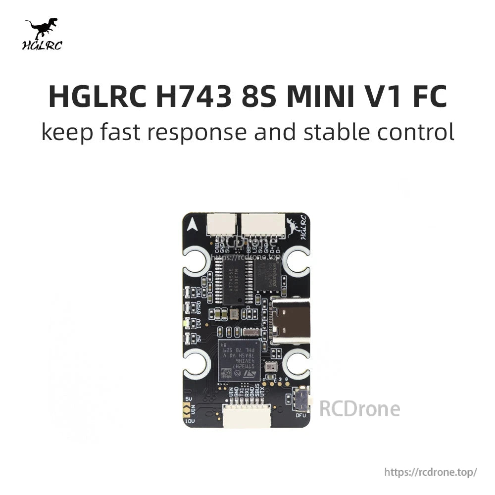 HGLRC H743 8S MINI V1 FC product graphic with headline text on white background