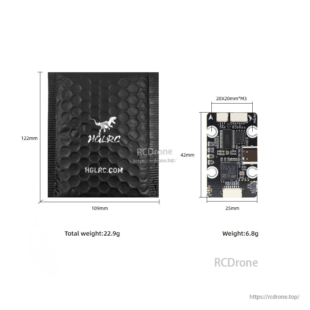 Size and weight diagram showing HGLRC FC 42×25 mm, 20×20 mm M3 mounting, plus packaging size