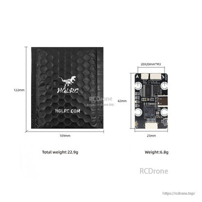 Size and weight diagram showing HGLRC FC 42×25 mm, 20×20 mm M3 mounting, plus packaging size