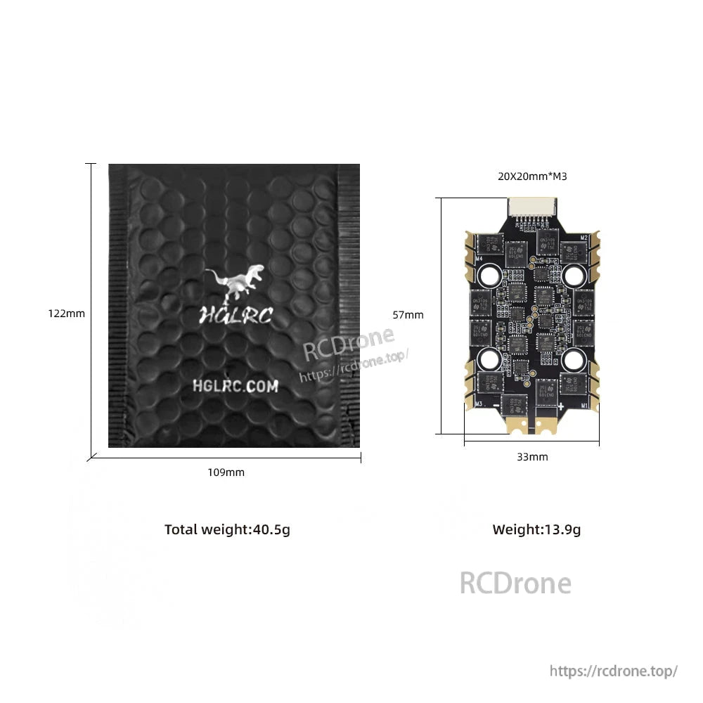 Size and weight diagram for HGLRC 4-in-1 ESC showing 57×33 mm, 20×20 mm M3 mounting and packaging size