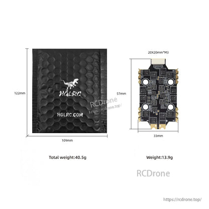 Size and weight diagram for HGLRC 4-in-1 ESC showing 57×33 mm, 20×20 mm M3 mounting and packaging size