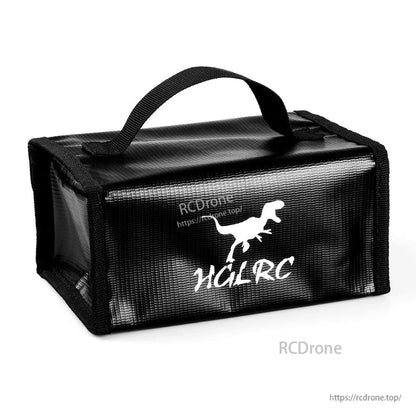 Rear view of black fireproof battery bag with HGLRC dinosaur logo and top carry handle
