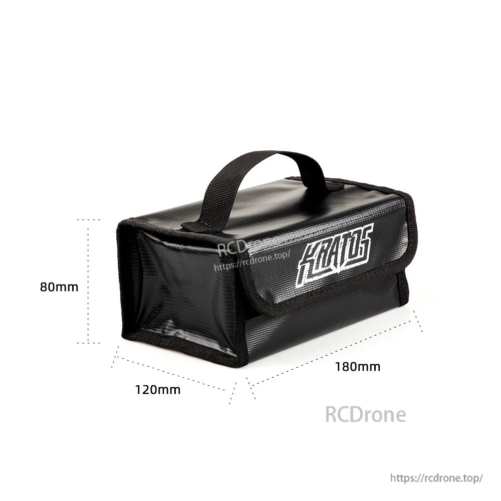 HGLRC KRATOS battery safe bag dimensions shown: 180 mm long, 120 mm wide, 80 mm high