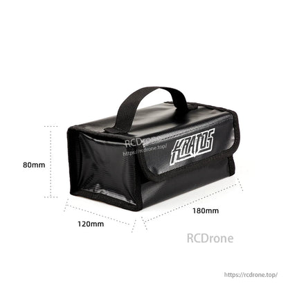 HGLRC KRATOS battery safe bag dimensions shown: 180 mm long, 120 mm wide, 80 mm high