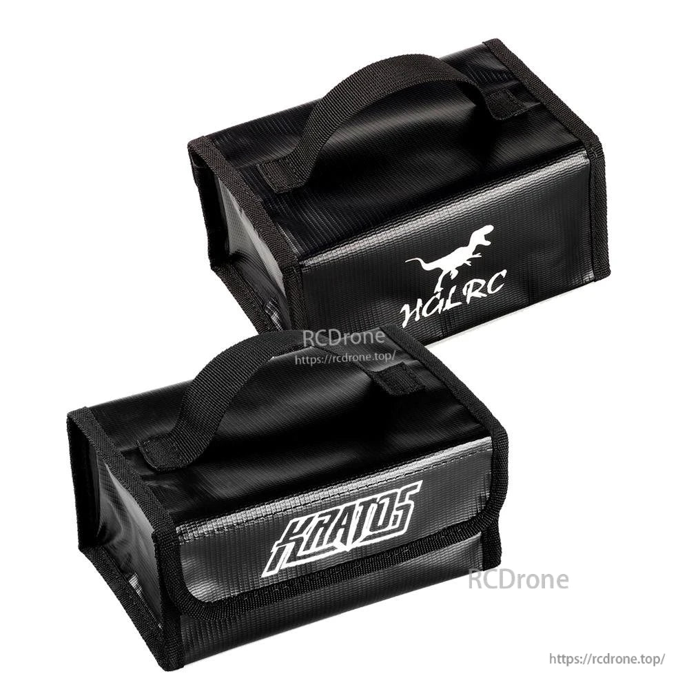 Two-angle view showing KRATOS logo side and HGLRC logo side of the fireproof battery safe bag
