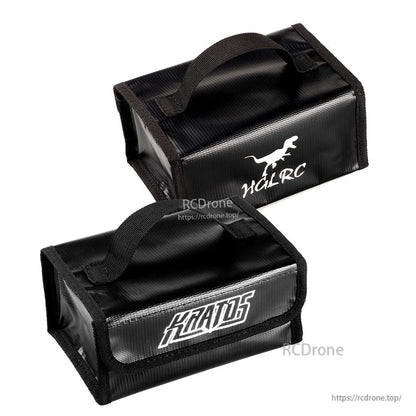 Two-angle view showing KRATOS logo side and HGLRC logo side of the fireproof battery safe bag