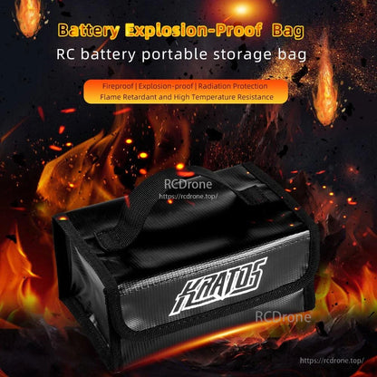 Promotional graphic for battery explosion-proof RC storage bag with KRATOS bag shown against flames