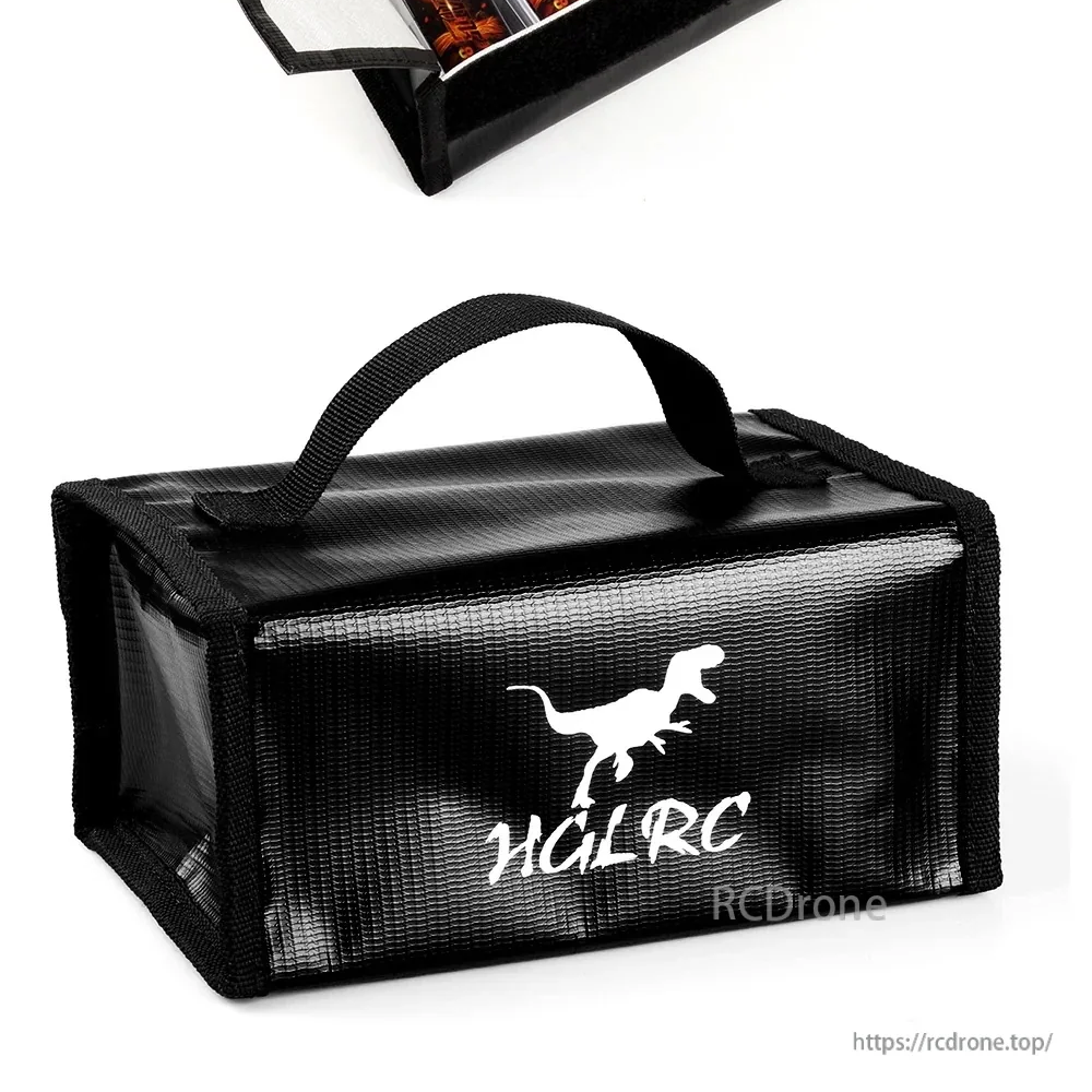 Side view of the black HGLRC battery safe bag with carry handle and HGLRC logo on textured outer shell