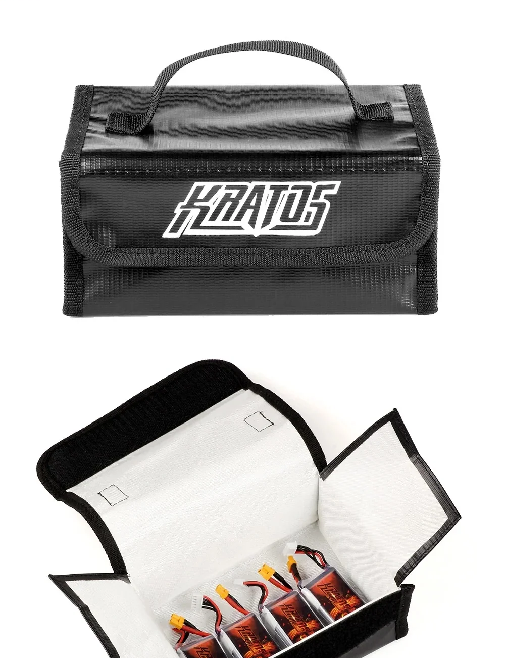HGLRC KRATOS fireproof LiPo battery bag closed view with top carry handle, plus open interior holding multiple batteries