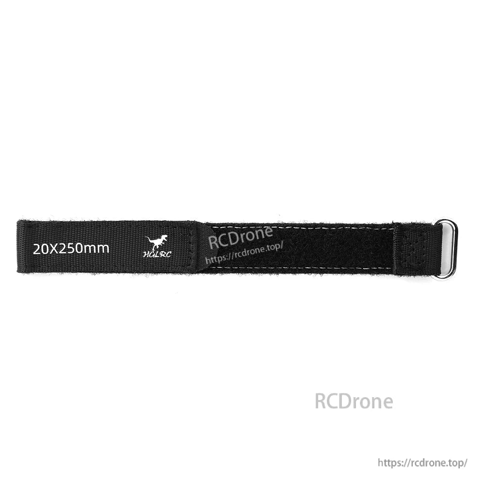 20x250mm battery strap laid flat showing Velcro underside panel and metal buckle on right