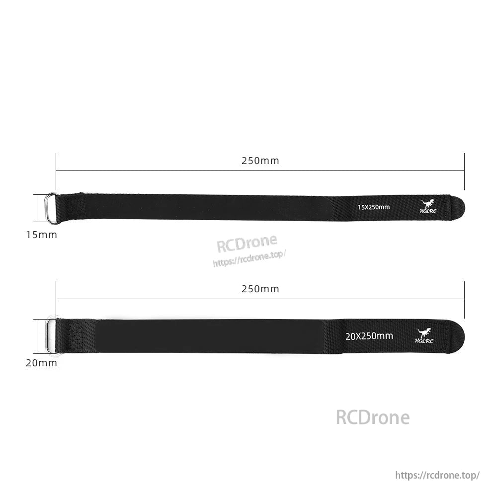 Size diagram showing strap length 250mm and widths 15mm and 20mm for two versions