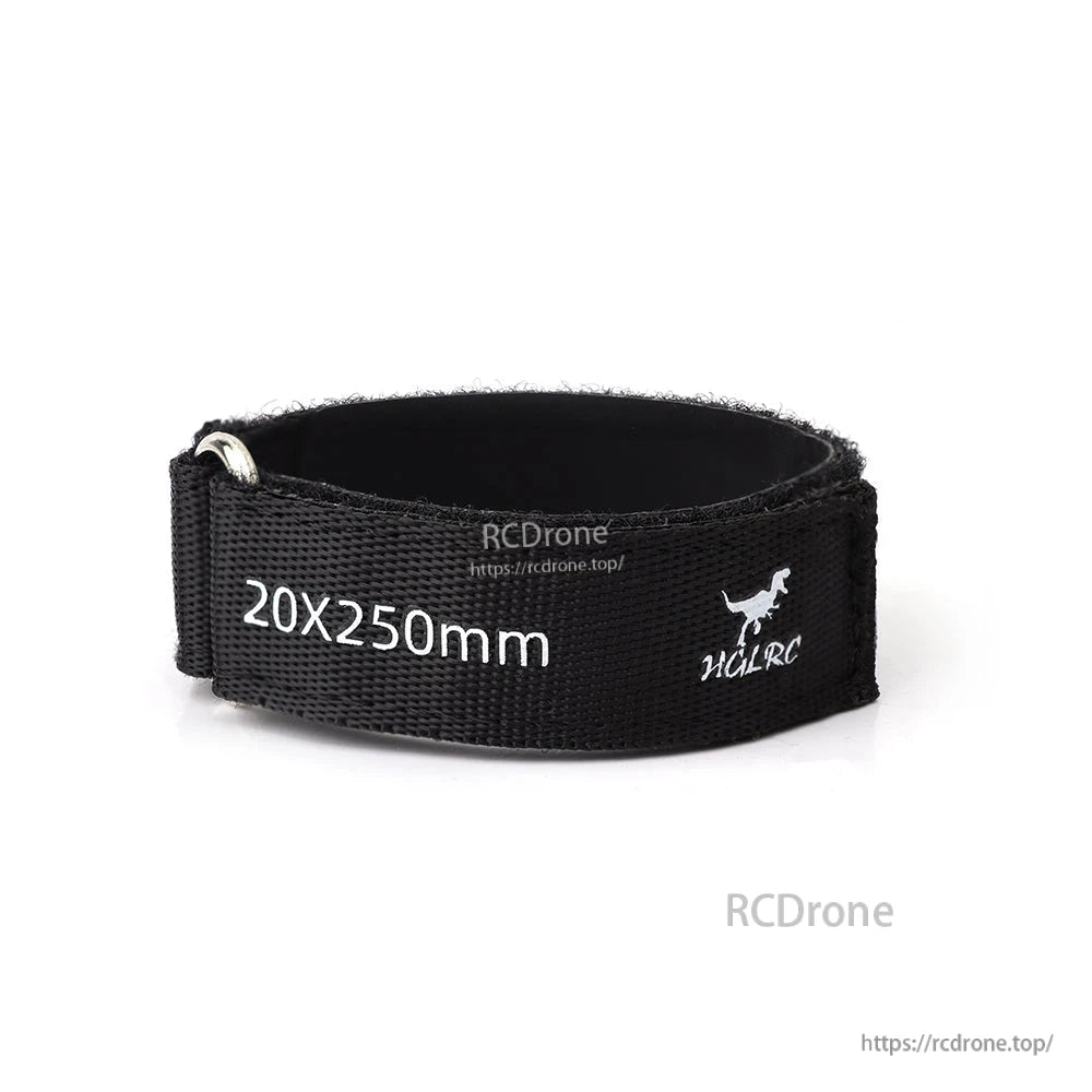 Close-up of 20x250mm strap loop with HGLRC logo and stitched aramid webbing texture