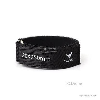 Close-up of 20x250mm strap loop with HGLRC logo and stitched aramid webbing texture