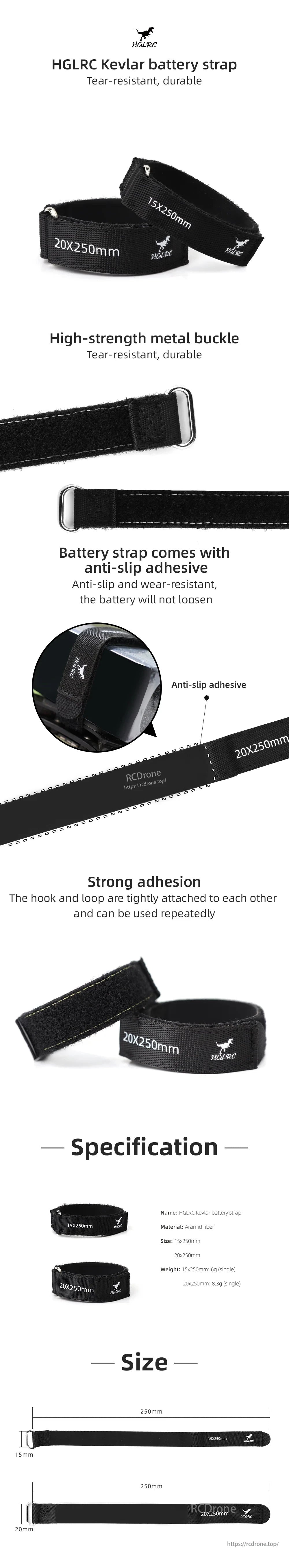 HGLRC Kevlar Aramid Fiber Battery Strap infographic with metal buckle, anti-slip adhesive, and size options