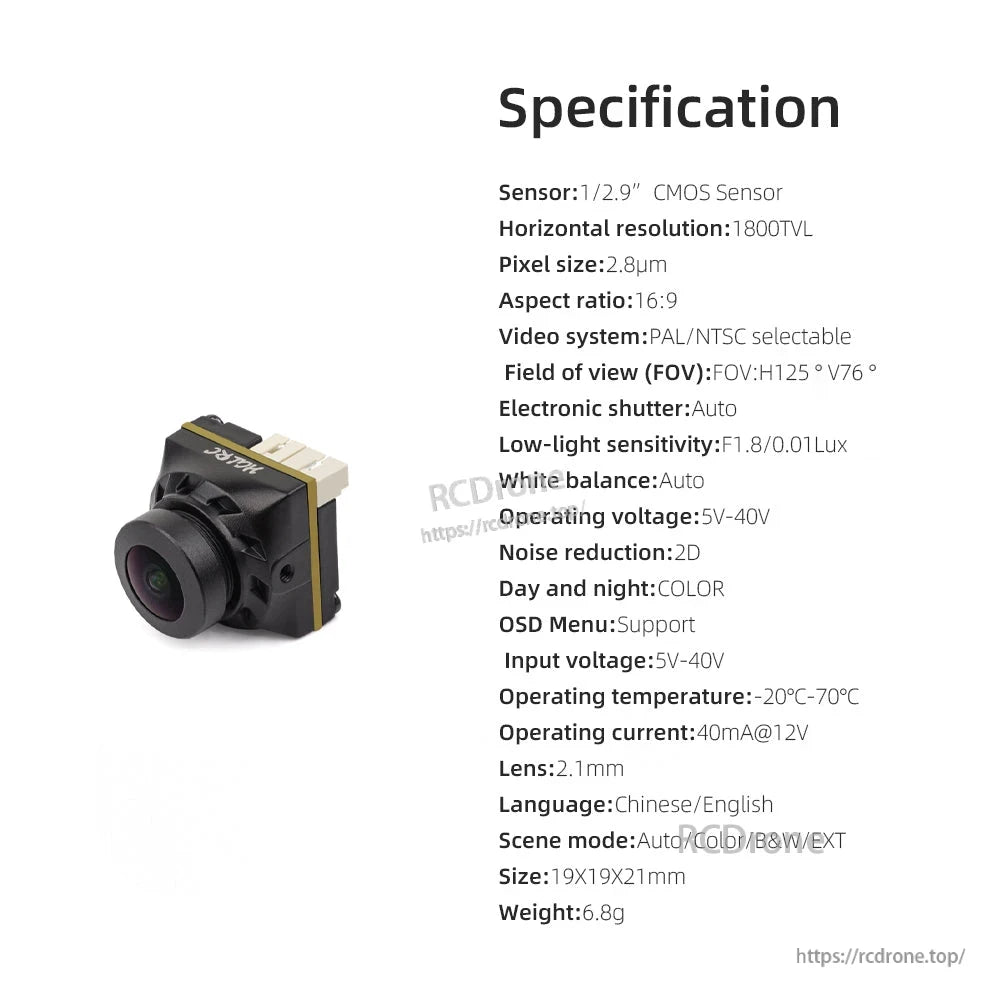 HGLRC L2 camera specifications chart with 1/2.9 CMOS sensor, 1800TVL, 5–40V input