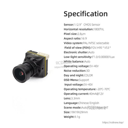 HGLRC L3 camera specifications chart with 1/2.9 CMOS sensor, 1800TVL, 3.3mm lens