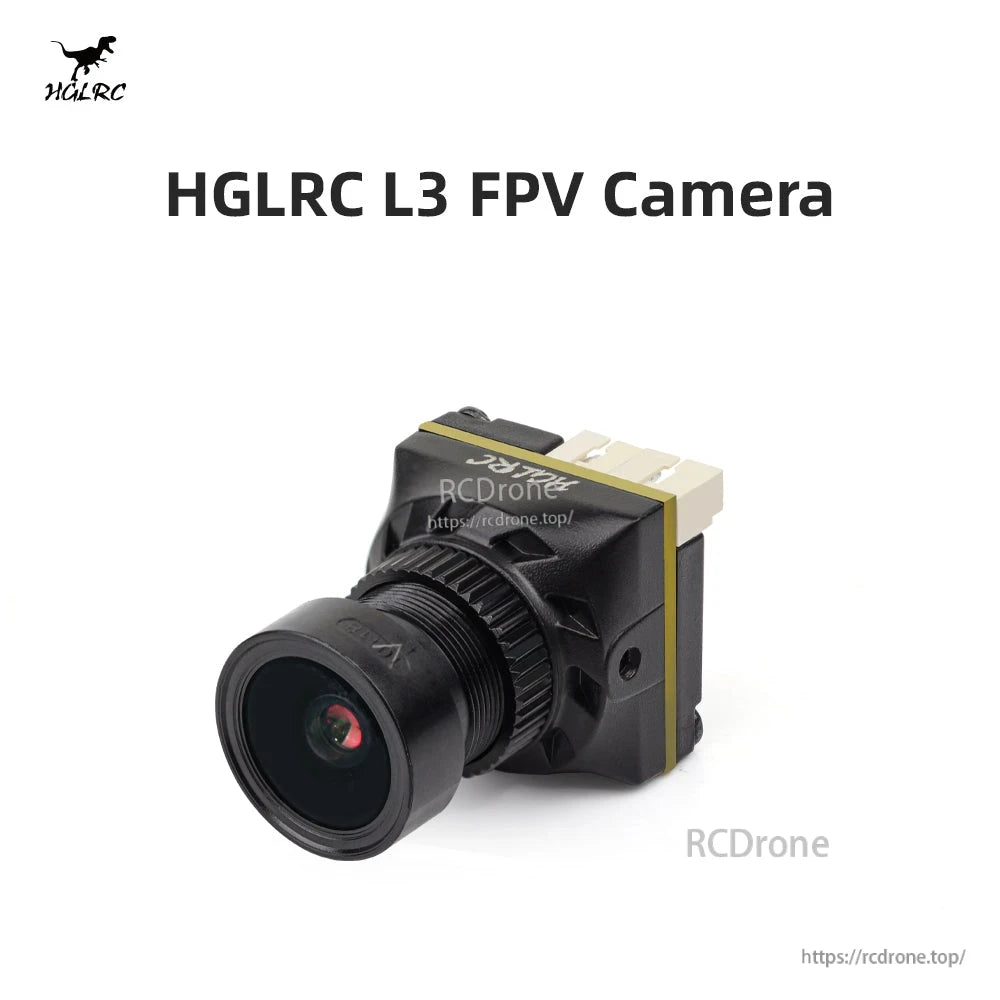 HGLRC L3 FPV camera close-up with larger lens housing, angled product view