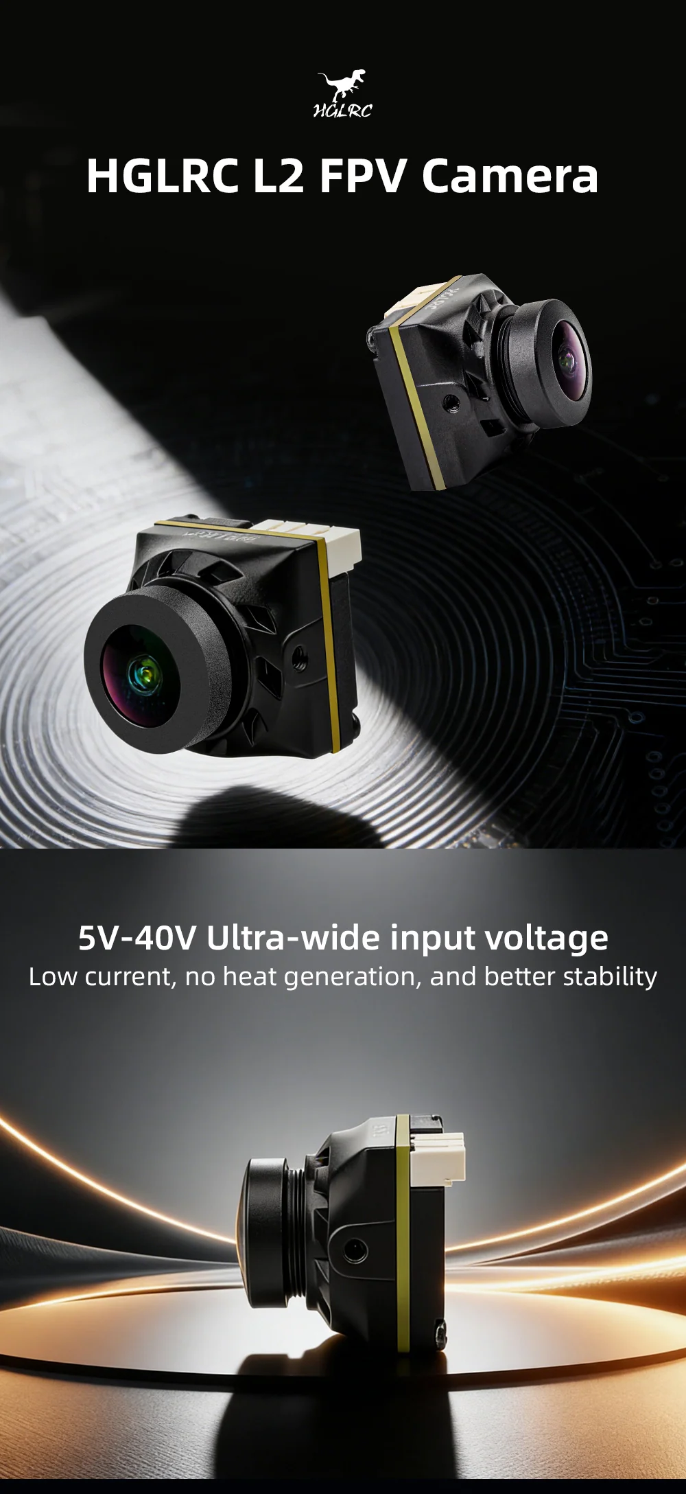 HGLRC L2 FPV Camera close-up, compact analog CVBS camera with 5–40V wide input voltage