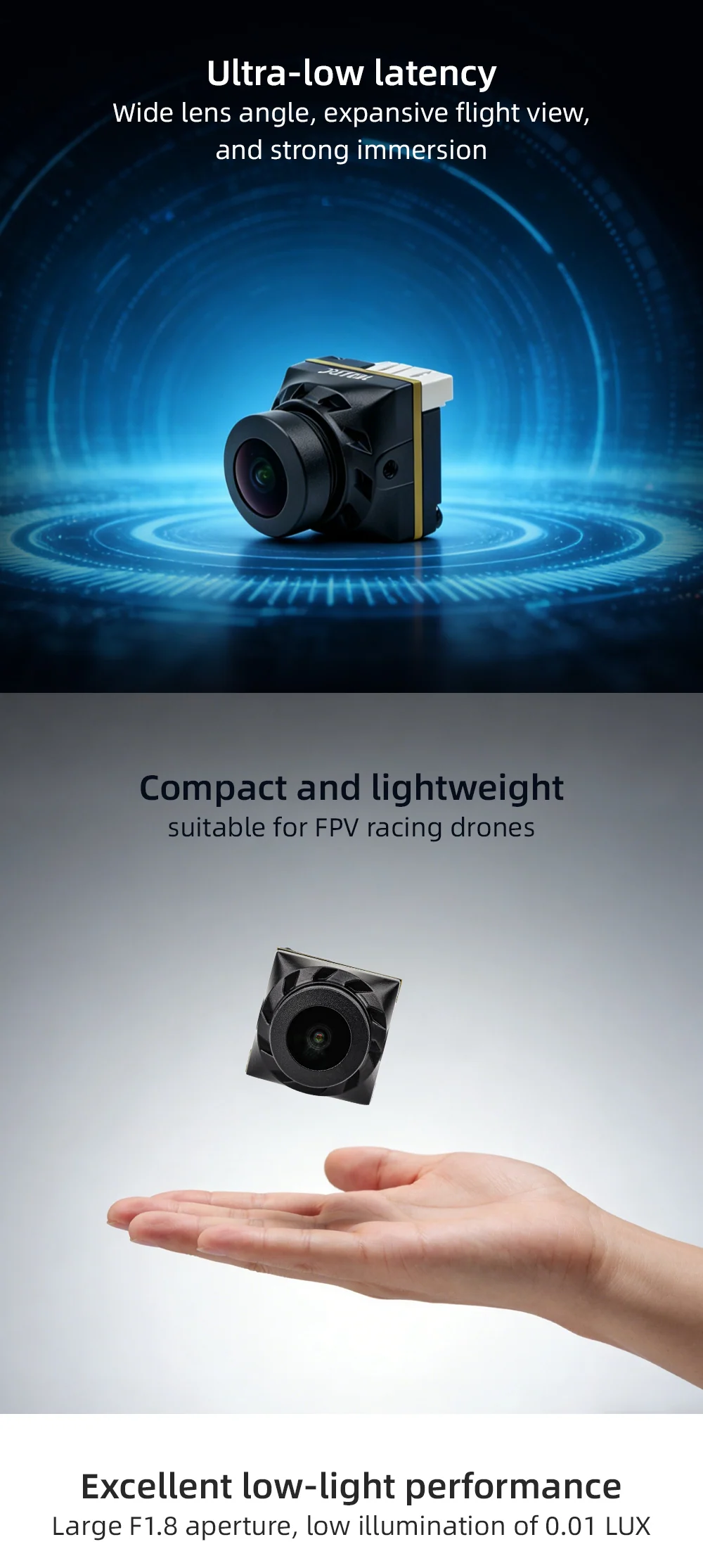HGLRC L-Series FPV camera highlight graphic: ultra-low latency, compact size and low-light performance