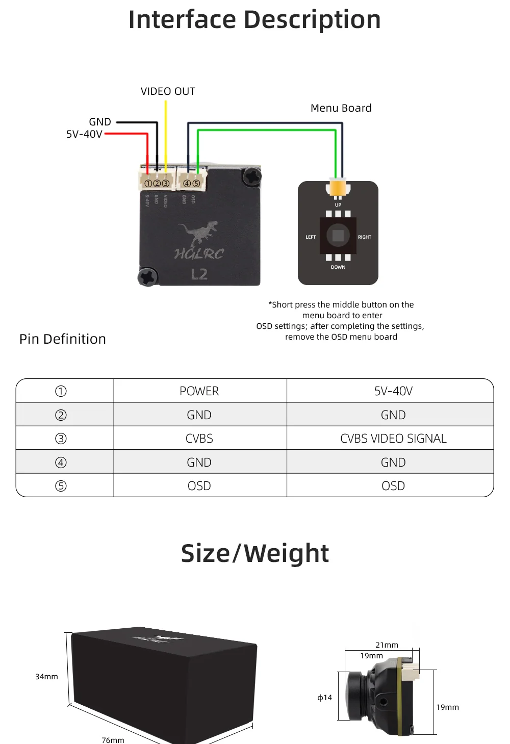 HGLRC L2 camera wiring and pin definition for CVBS video out, power, ground, and OSD menu board control