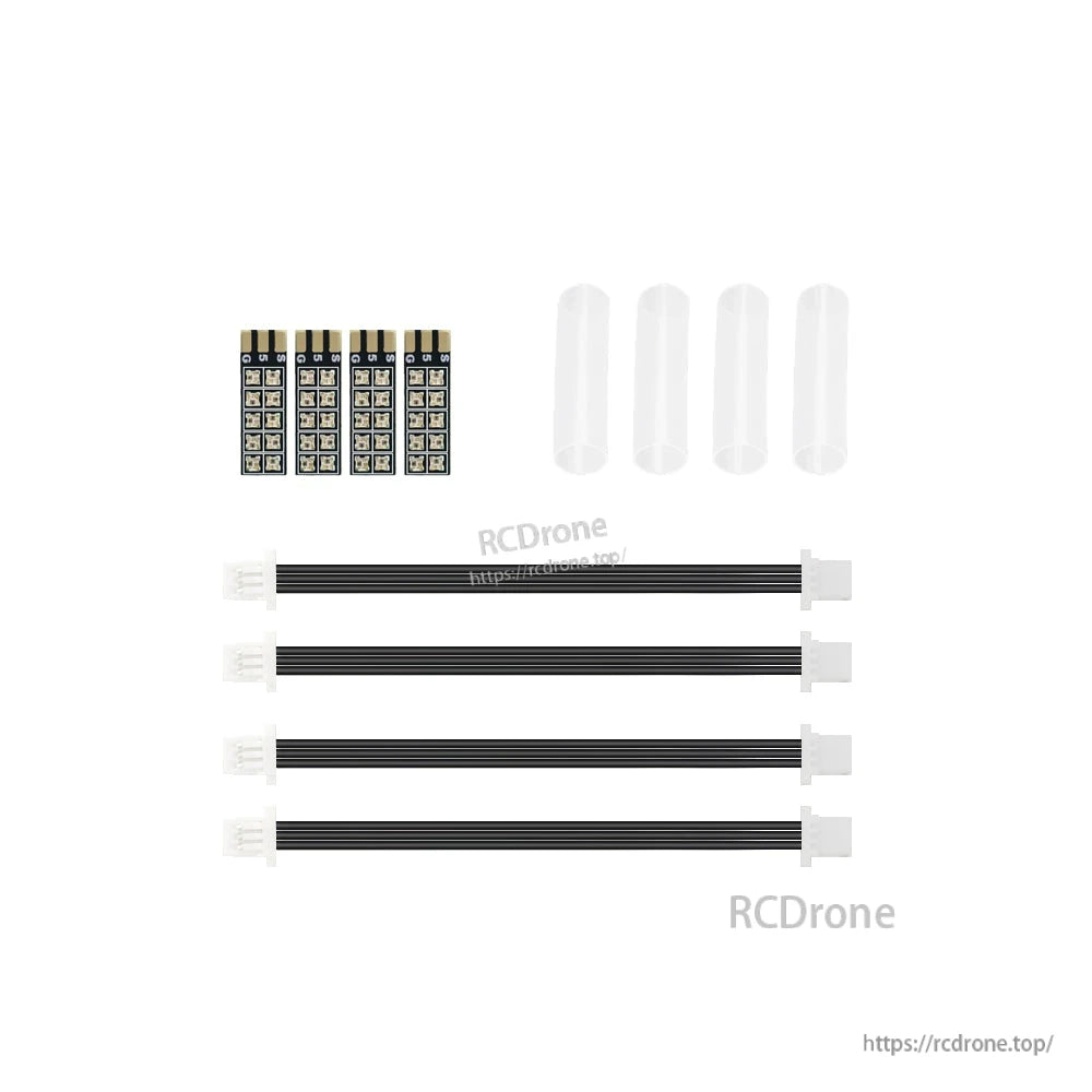 Kit contents: four 13mm LED boards, four clear protective sleeves, and four plug-in cables
