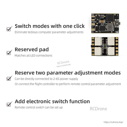 Feature overview graphic: one-click mode switch, reserved pad, 2–6S power option, e-switch function