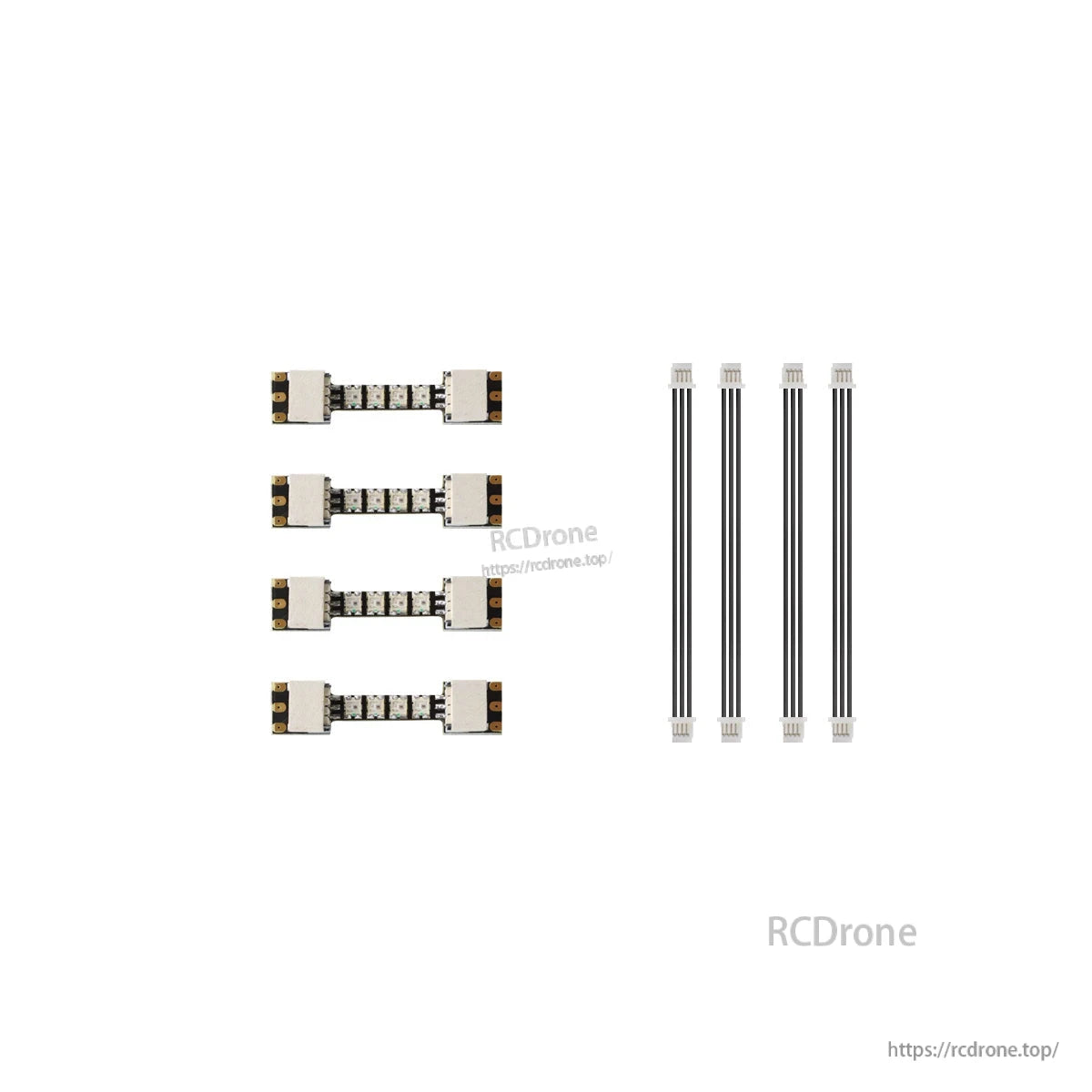 Set of four 25mm LED strips with four plug-in extension cables shown on white background