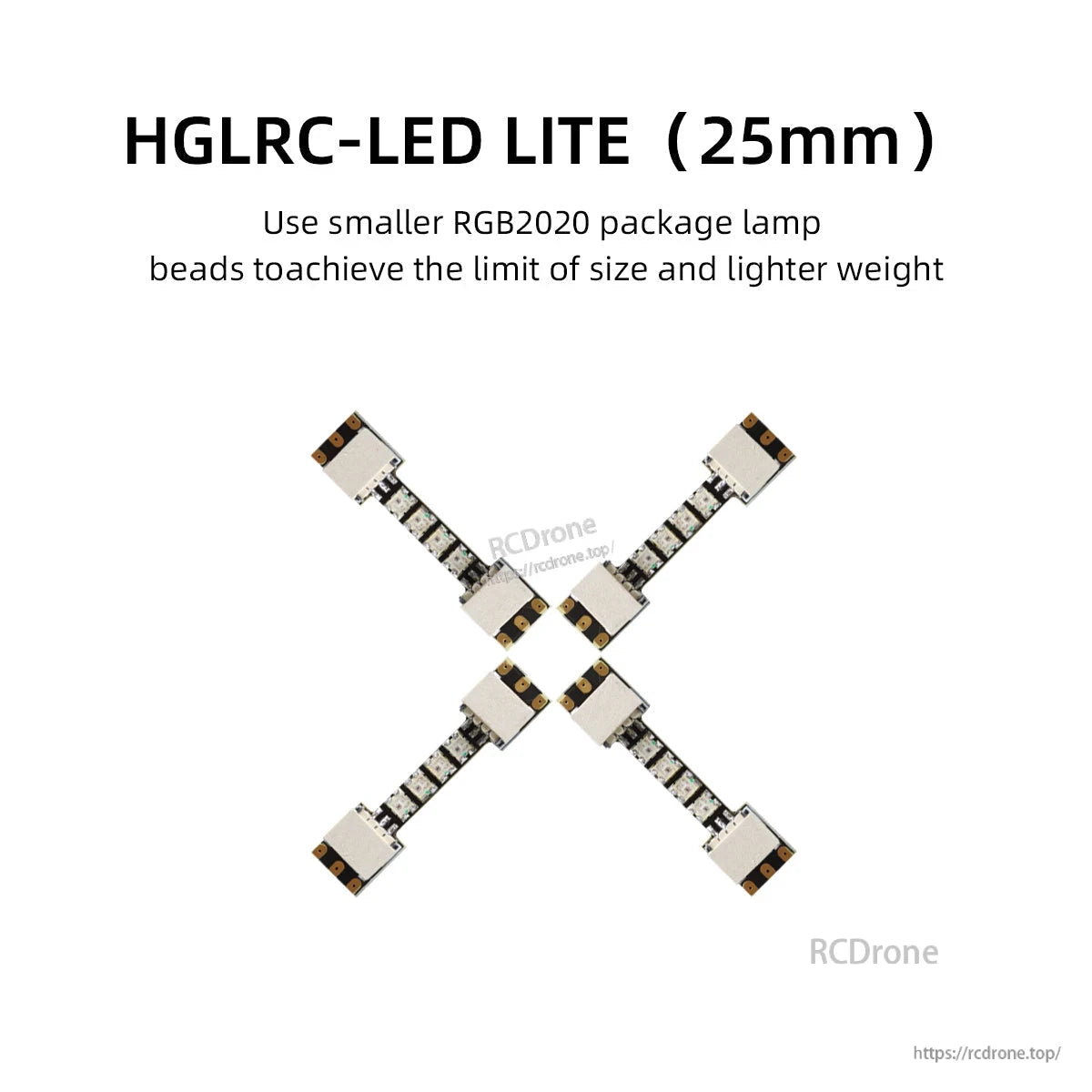 HGLRC-LED LITE 25mm RGB LED strips arranged in X pattern, compact FPV frame lighting layout