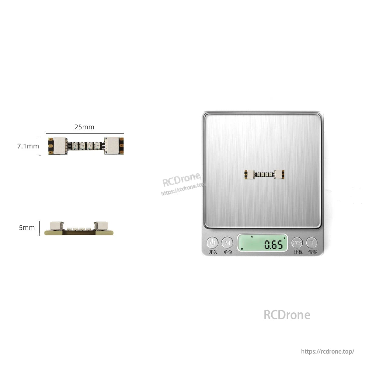 25mm LED strip size diagram (25mm length) with thickness view and scale weight display