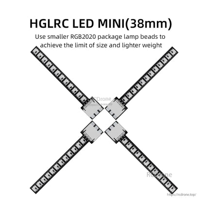 HGLRC LED MINI 38mm LED strips arranged in X pattern, four arms with connectors