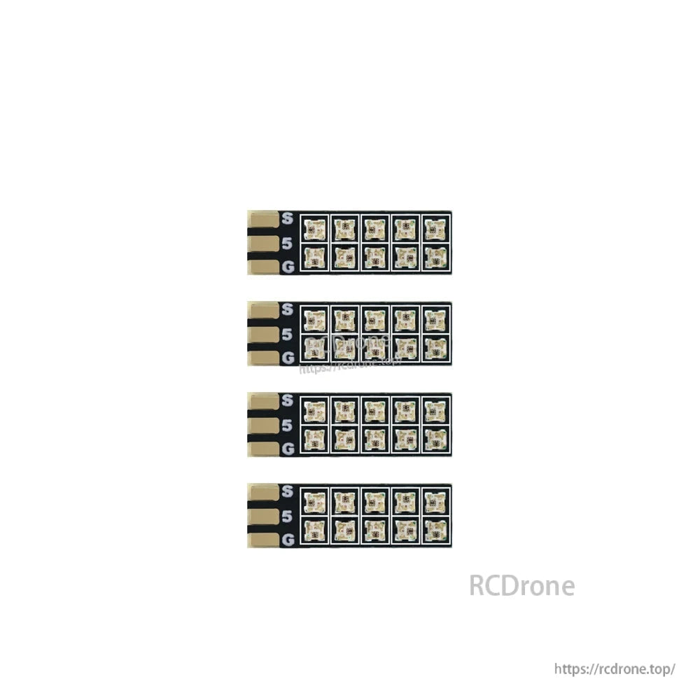 Four 13mm LED boards shown together, each with S, 5V, G solder pads on one end