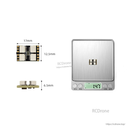 Controller dimensions and weight diagram: 17mm x 12.5mm x 6.5mm with scale reading 1.47g