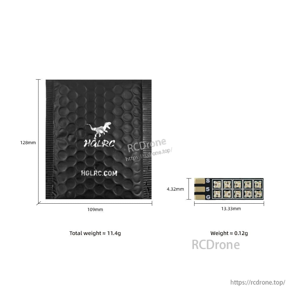 HGLRC packaging bag size and 13mm LED board dimensions/weight diagram on white background