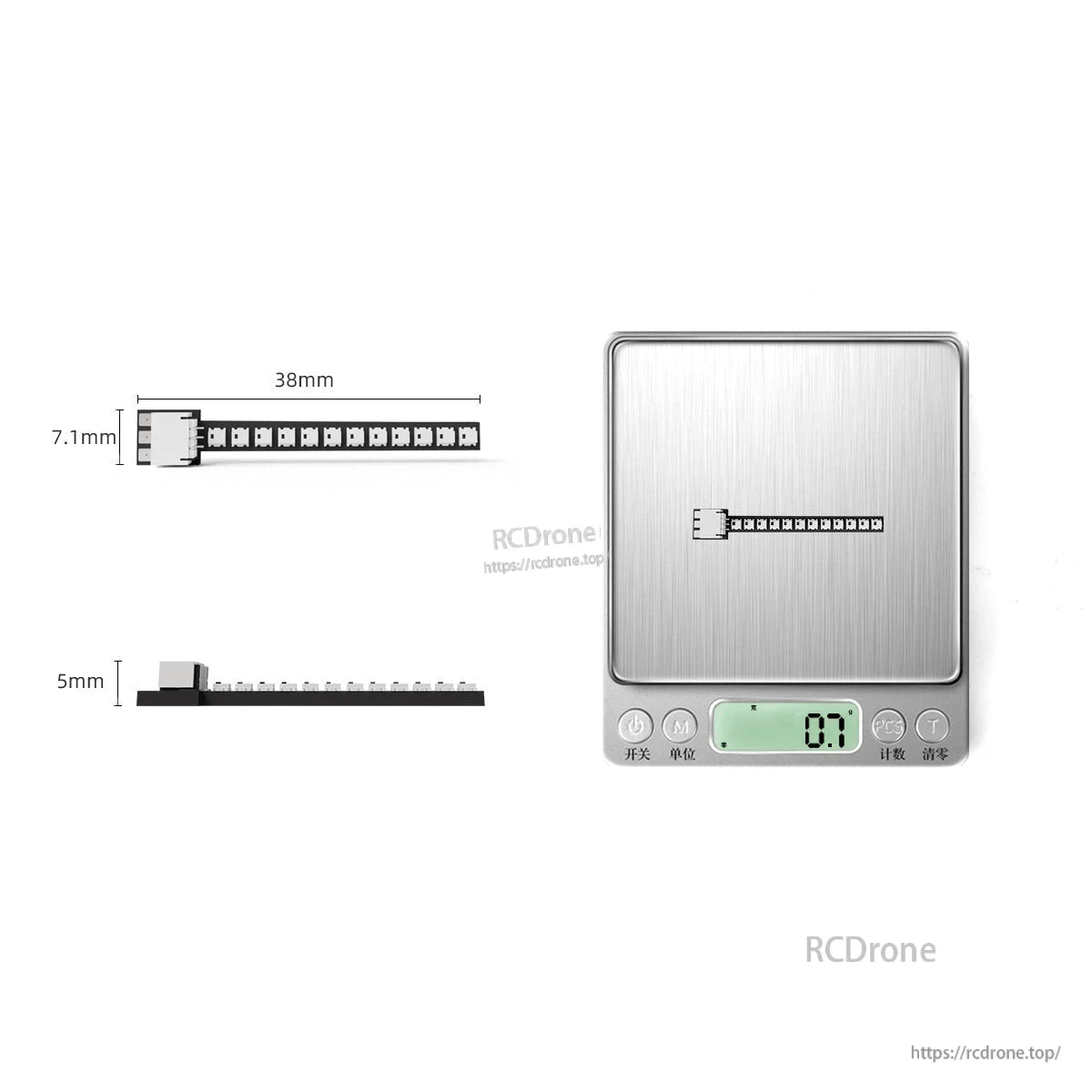 38mm LED strip size diagram (38mm length) with side profile and scale weight display
