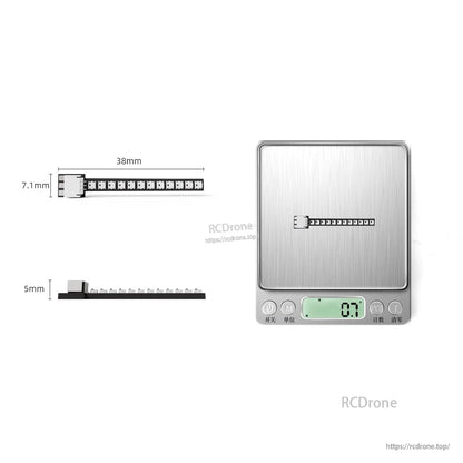 38mm LED strip size diagram (38mm length) with side profile and scale weight display