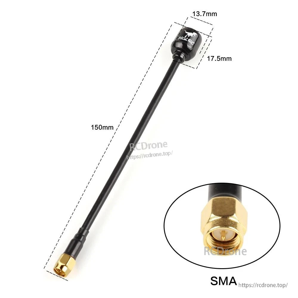 HGLRC Long Range Hammer Mini 5.8G FPV antenna with SMA connector, 150mm cable and size callouts
