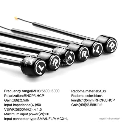 Set of Hammer Mini antennas with printed specs: 5500–6000MHz, RHCP/LHCP, 2.5dBi, ABS radome