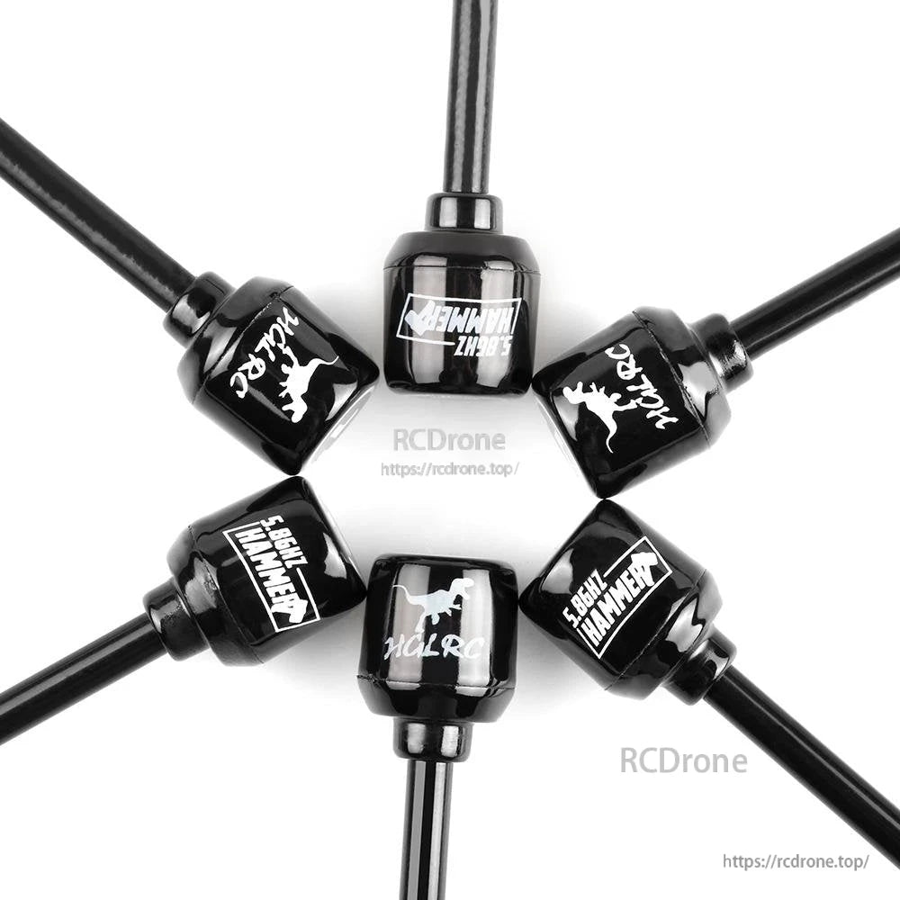 Close-up top view of Hammer Mini antenna heads with HGLRC branding and L/R polarization markings