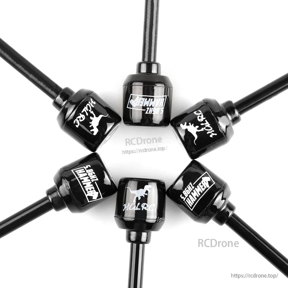 Close-up of Hammer Mini antenna radome with HGLRC Long Range Hammer branding on black mini housing