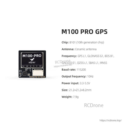 Specification list for M100 PRO GPS: B101 chip, 115200 baud, 10Hz output, 3.3–5.5V input