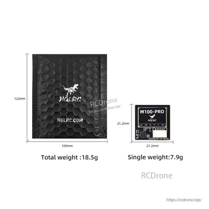 Size and weight diagram showing packaging dimensions and module size 21.2mm plus single weight 7.9g