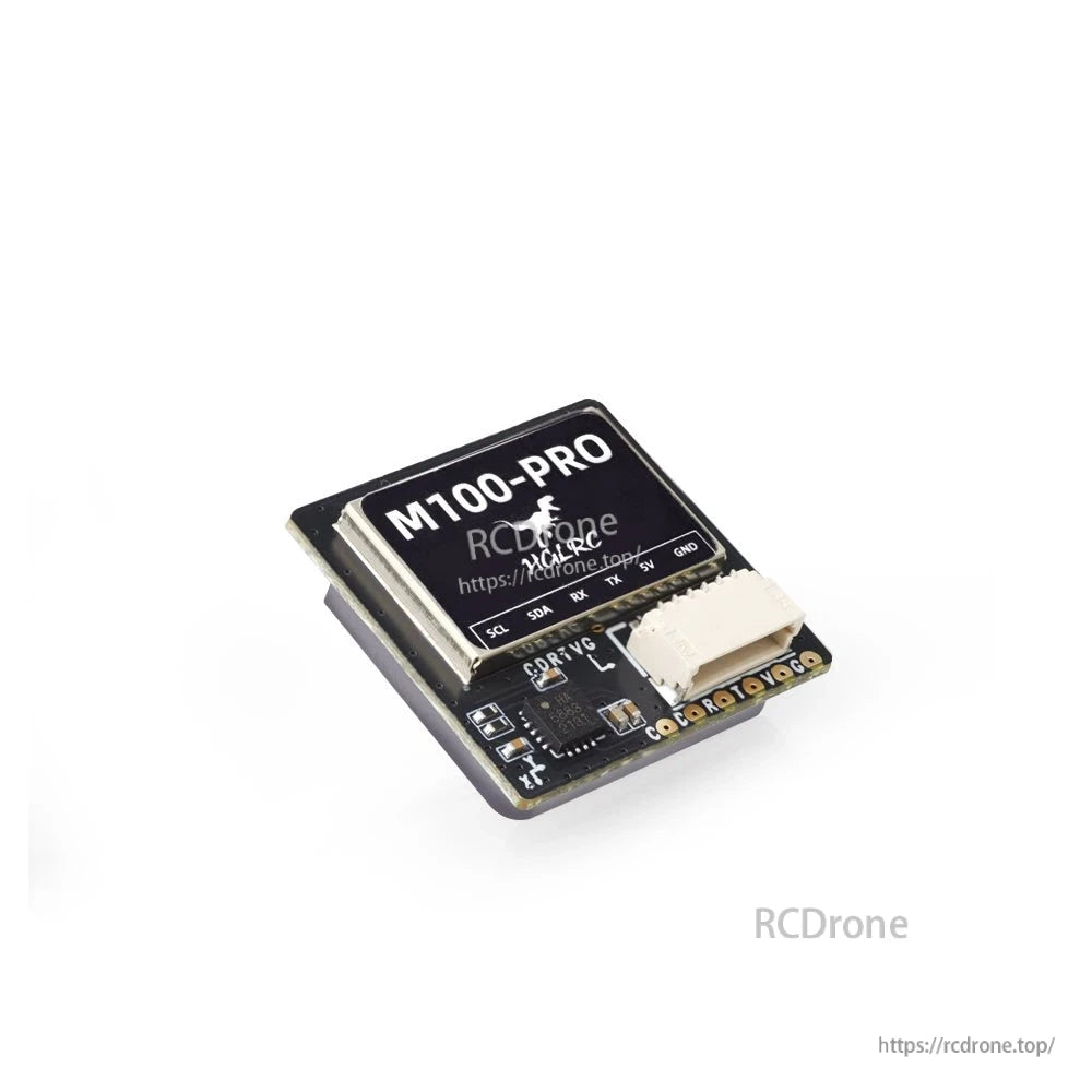 Angled view of M100-PRO GPS module showing ceramic patch antenna and 6-pin plug connector