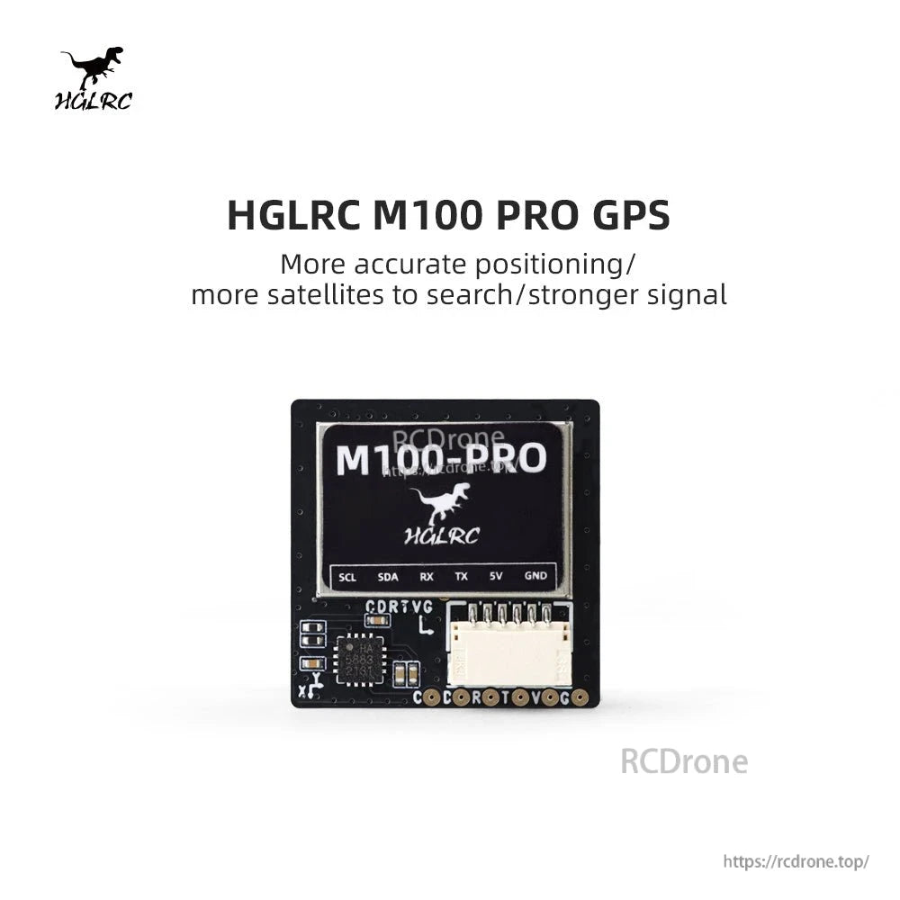 HGLRC M100 PRO GPS promo graphic showing module photo and headline text about signal and satellites